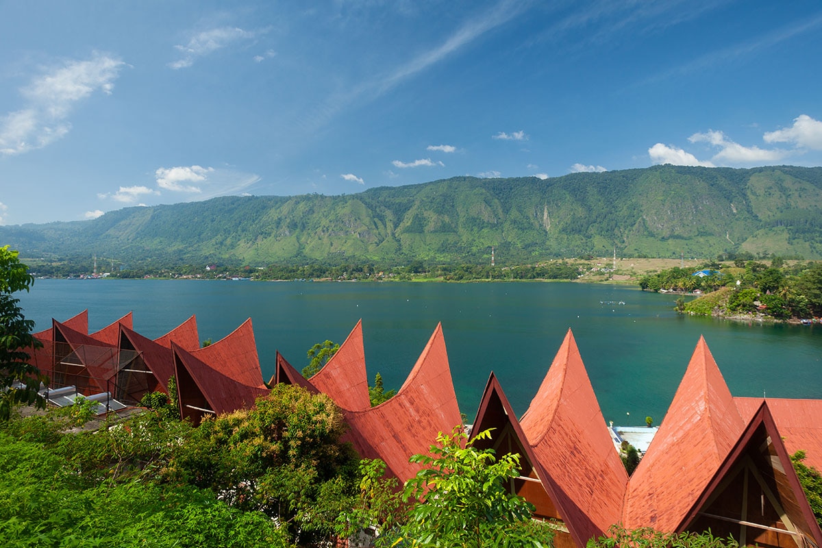traditional red roofs of batak houses in Tuktuk Samosir Island North Sumatra