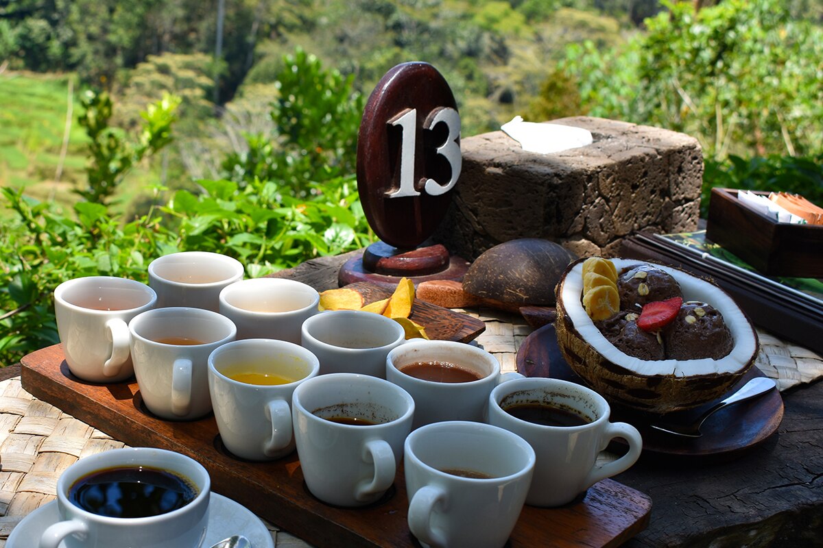 cups of Balinese coffee to taste in Bali Pulina Coffee Plantation