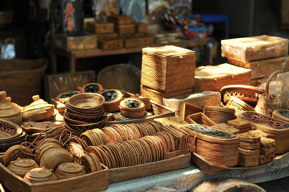 Handmade accessories and wooden furnitures stacked neatly