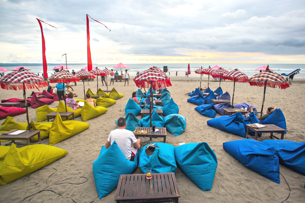 rows of colorful bean bags in Seminyak Beach Bali